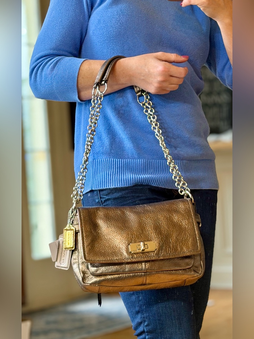Coach Classic Chelsea Gunmetal Metallic Leather Flap Shoulder Bag